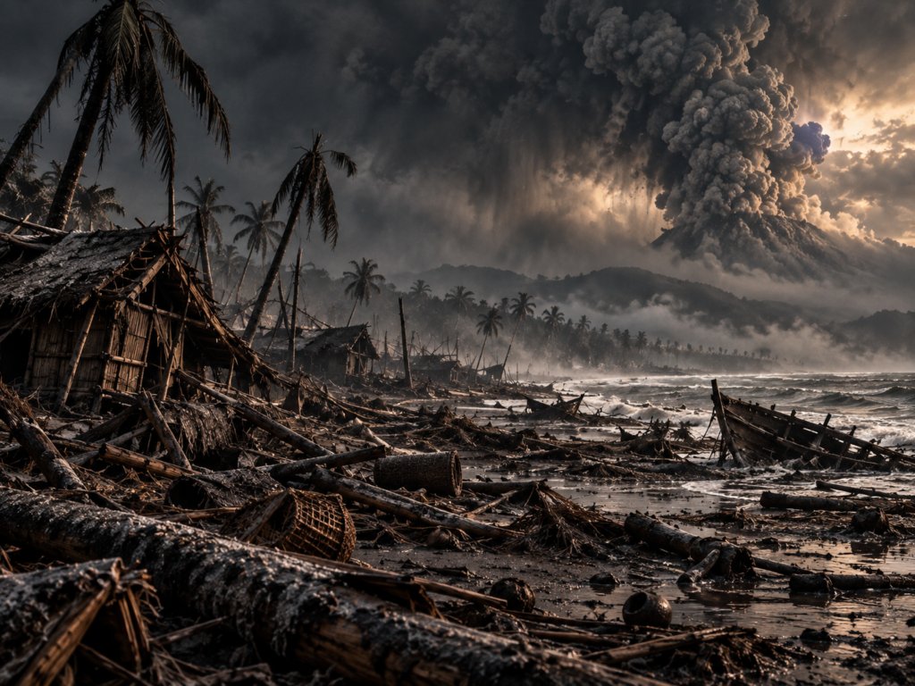 El tsunami fue responsable de la mayor parte de las víctimas. Poblaciones enteras de las costas de Java y Sumatra fueron destruidas.